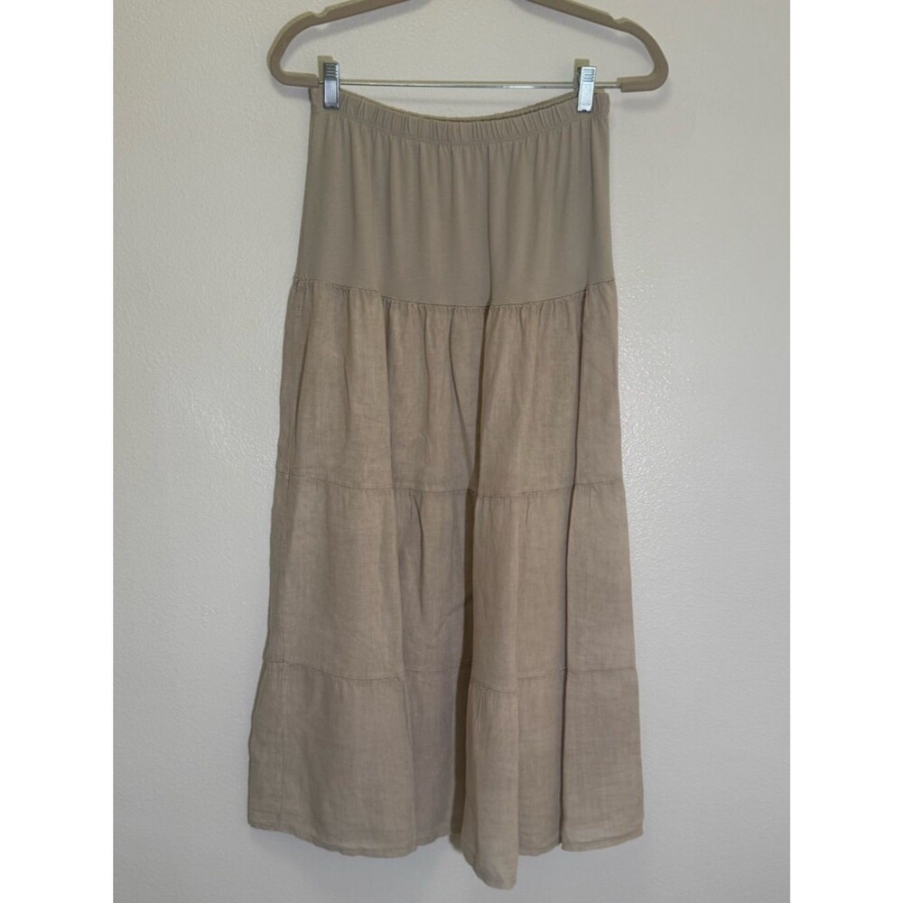 Made in Italy - Linen/Cotton Beige Strapless Tiered Midi Dress - One Size (OS)